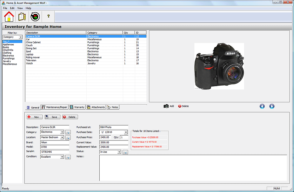 camera in home inventory software