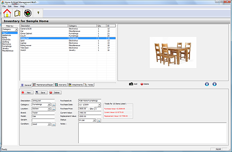 home inventory software screen shot image Home Management Software Screen Shot image